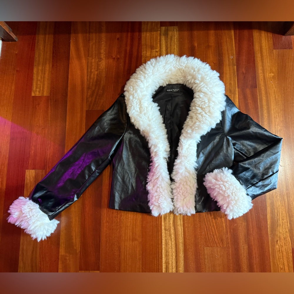 SHEIN Crop Faux Fur Vegan Leather Coat, L